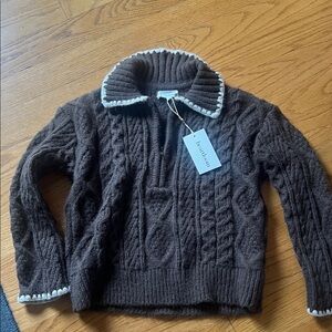 Heartloom Chocolate Cable Knit Henley Sweater with Ivory Trim NWT small